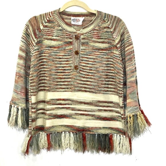 Vtg Boho Southwestern Poncho Women Large Sweater Fringe Tribal Country Aztec 80s - Picture 1 of 8